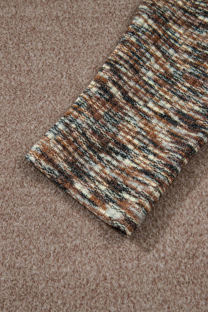 Dark Khaki Contrast Trim V Neck Long Sleeve Patchwork Loose Top