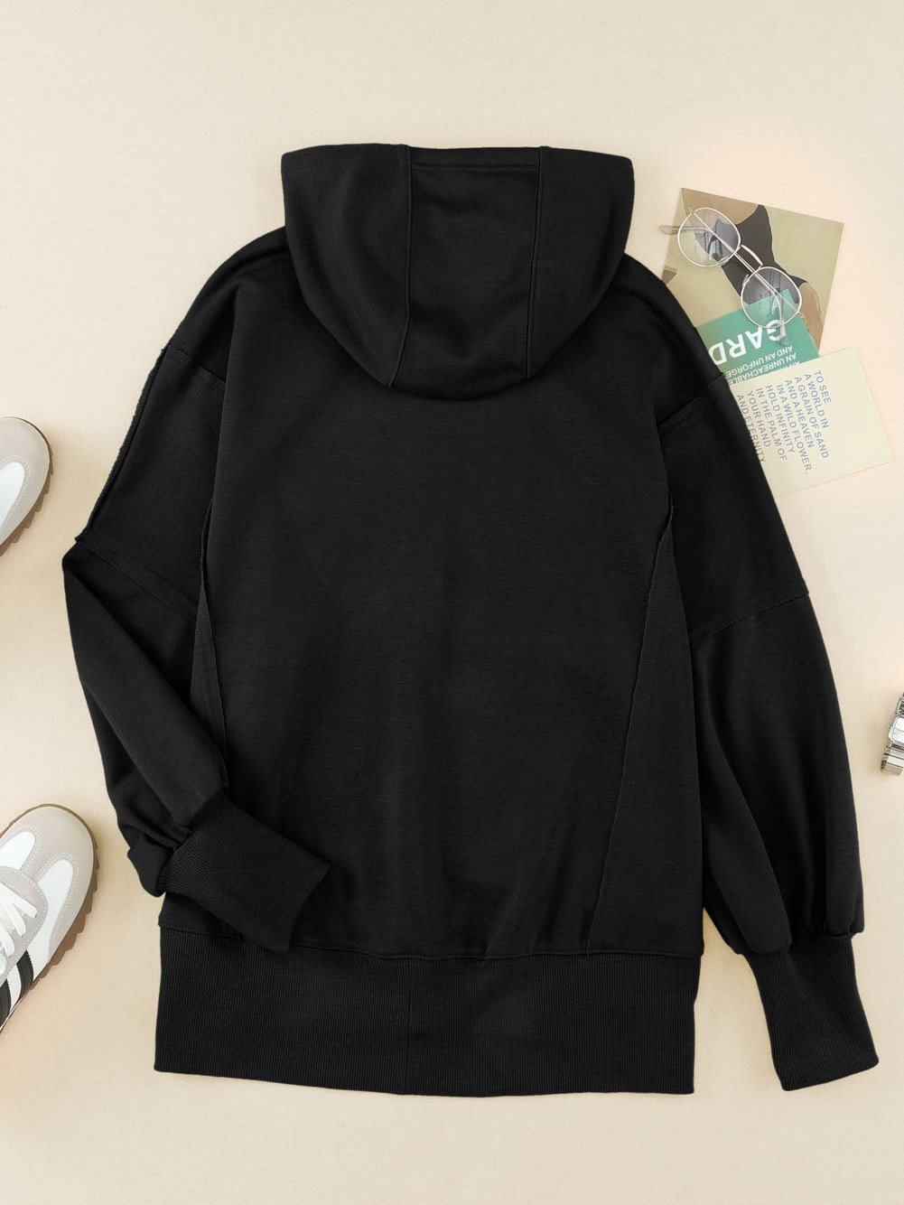 Black Exposed Seam Zip-Up Hooded Jacket