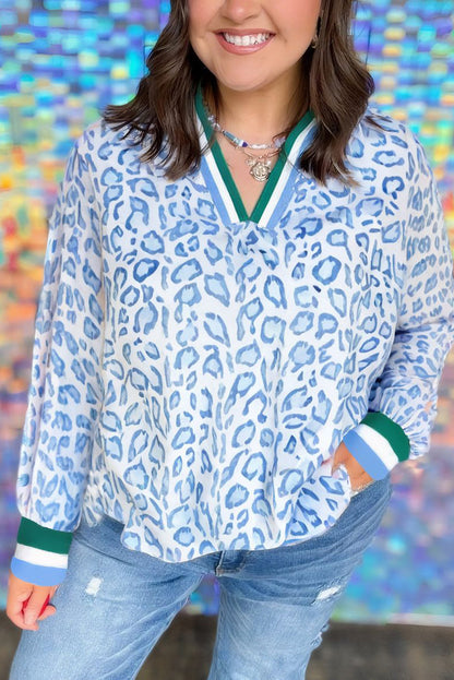 Sky Blue Leopard Print Contrast Striped Edge Plus Size Jumper