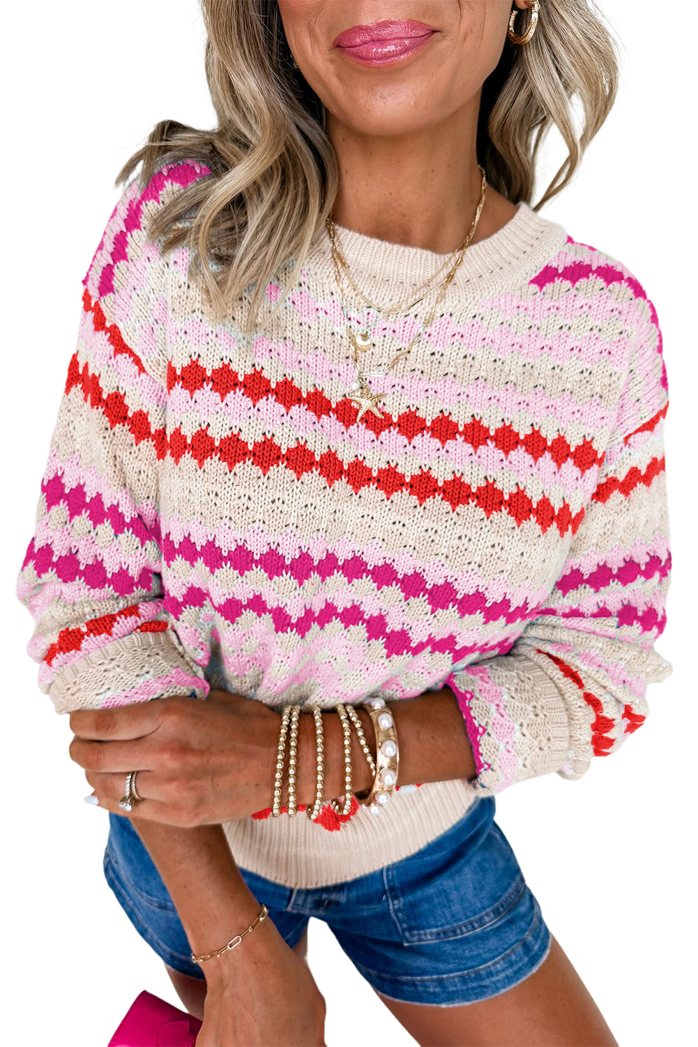 Pink Stripe Eyelet Patterned Drop Shoulder Sweater