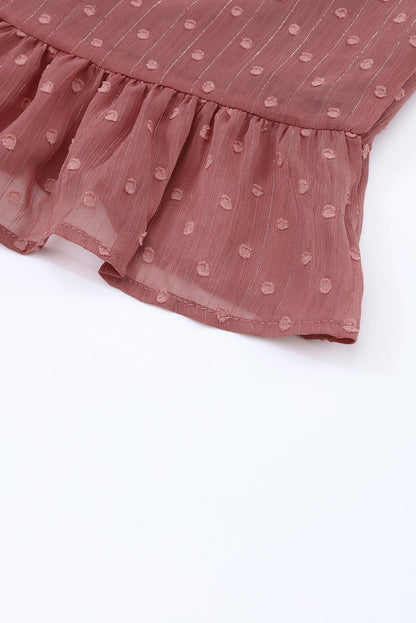 Fiery Red Swiss Dot Lace-up Bubble Sleeve Blouse