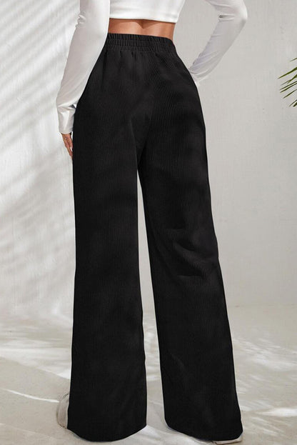 Black Solid Color Split Hem Wide Leg Corduroy Pants