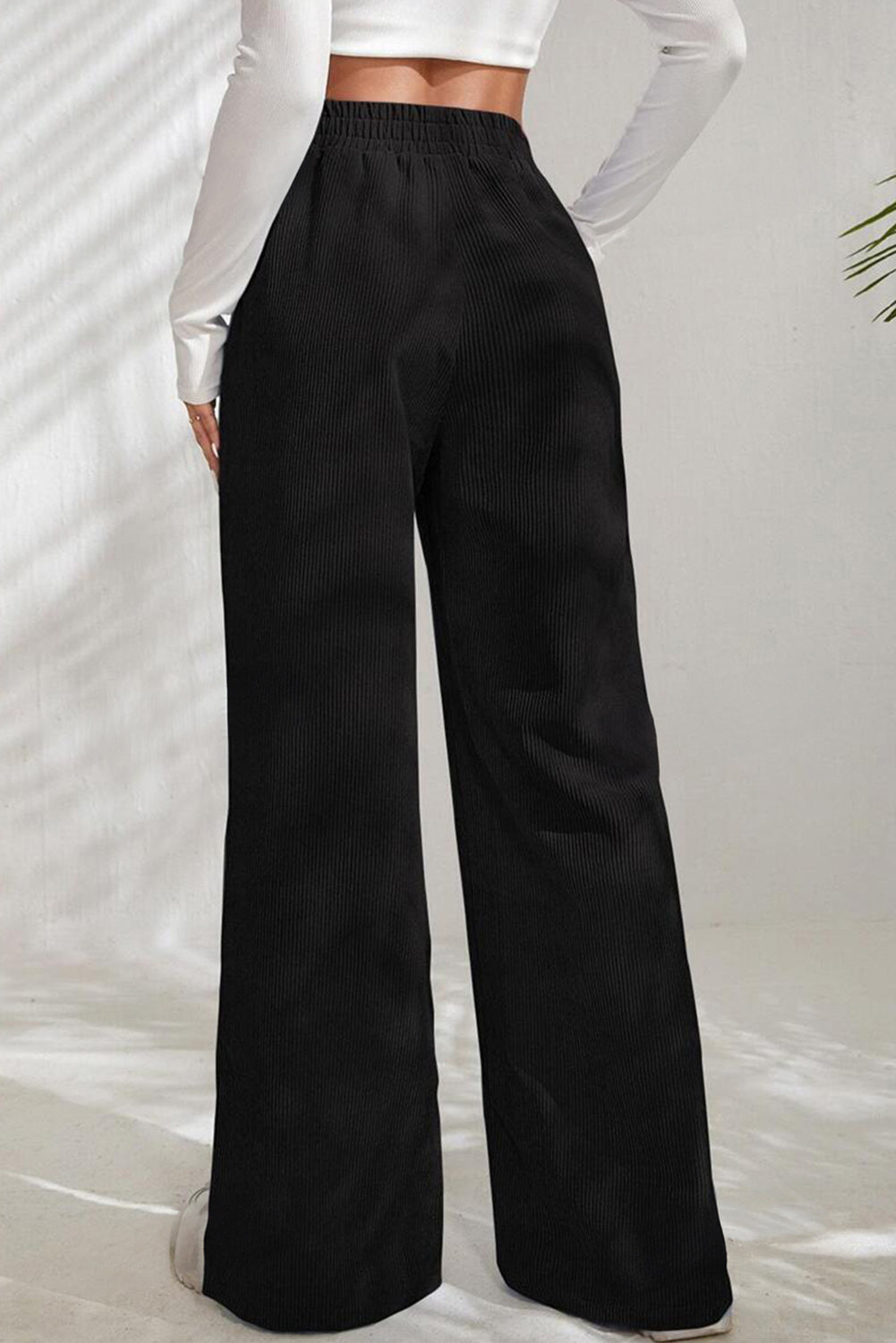 Black Solid Color Split Hem Wide Leg Corduroy Pants