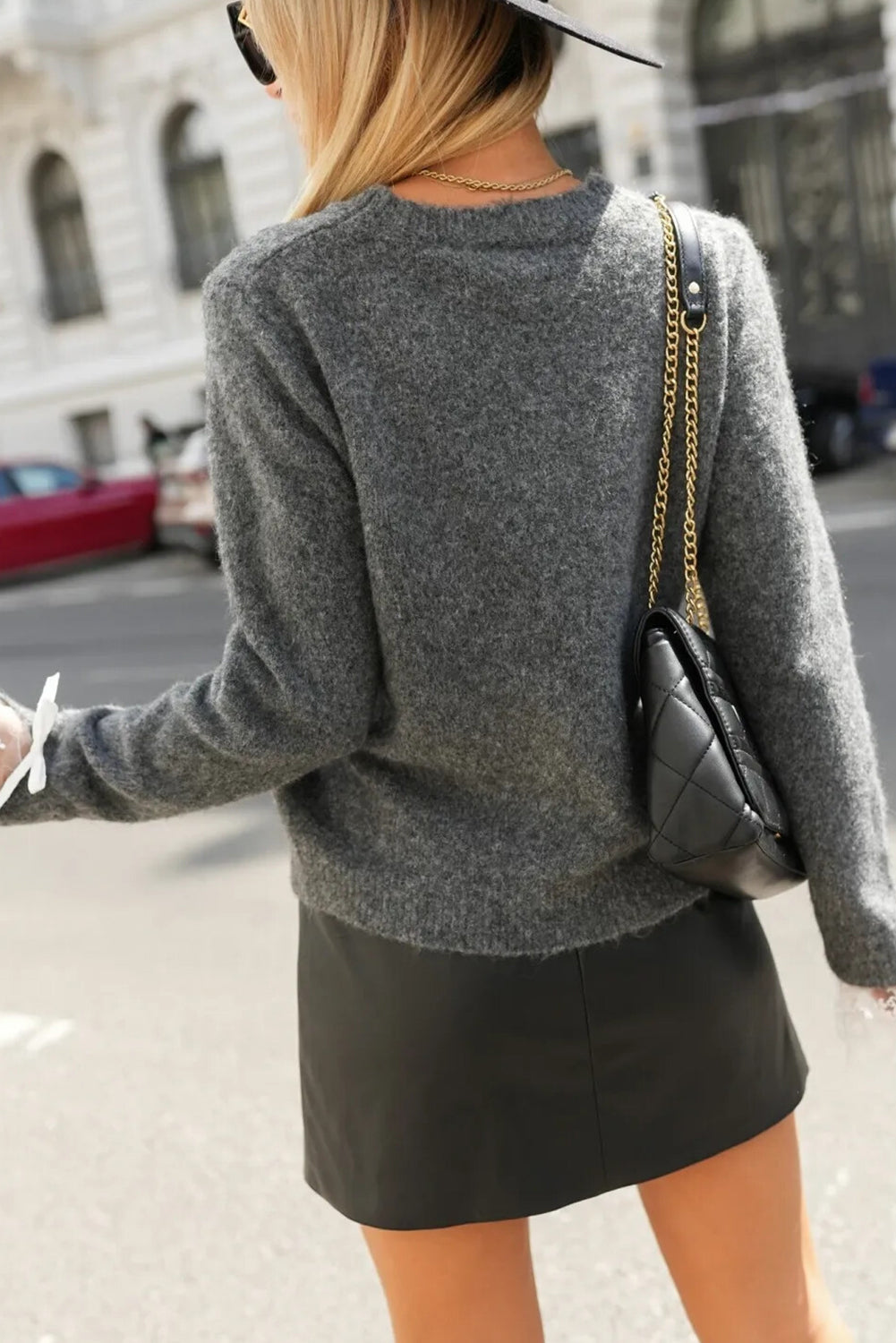 Dark Grey Round Neck Ribbon Bow Lace Cuff Patchwork Sweater