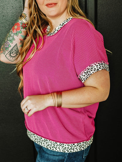 Rose Red Leopard Trim V Neck Short Sleeve Plus Size Corded Top