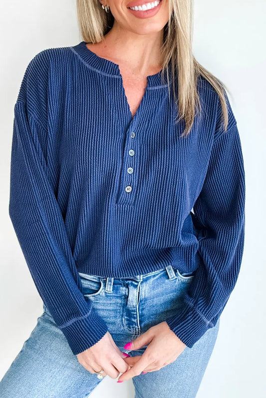 Navy Blue Twisted Ribbed Half Button Long Sleeve Loose Top