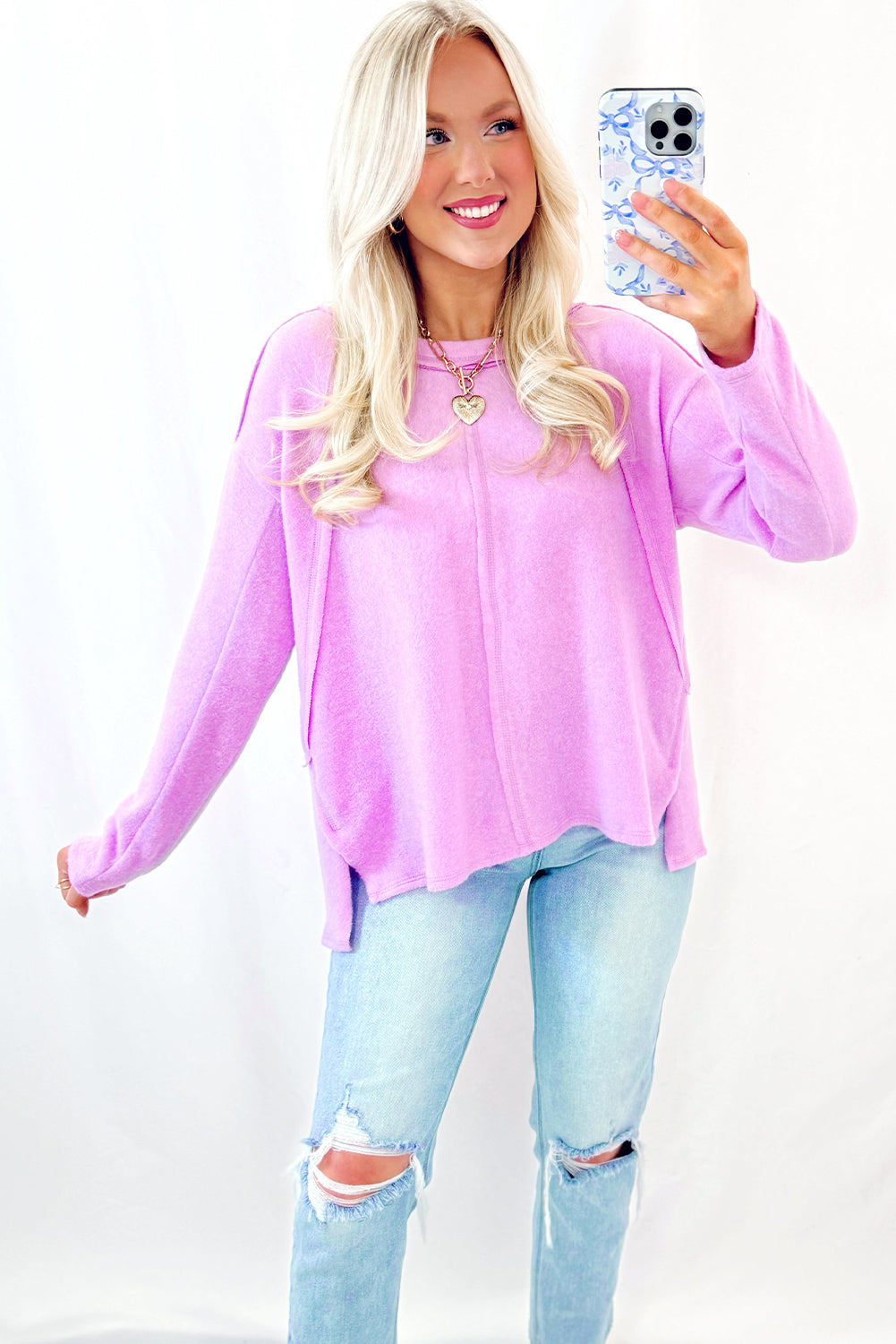 Phalaenopsis Exposed Seam Uneven Hem Casual Knit Top