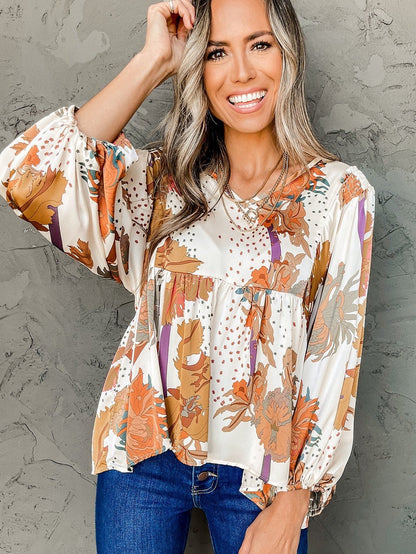 Floral Fantasy V Neck Babydoll Blouse in Multicolor