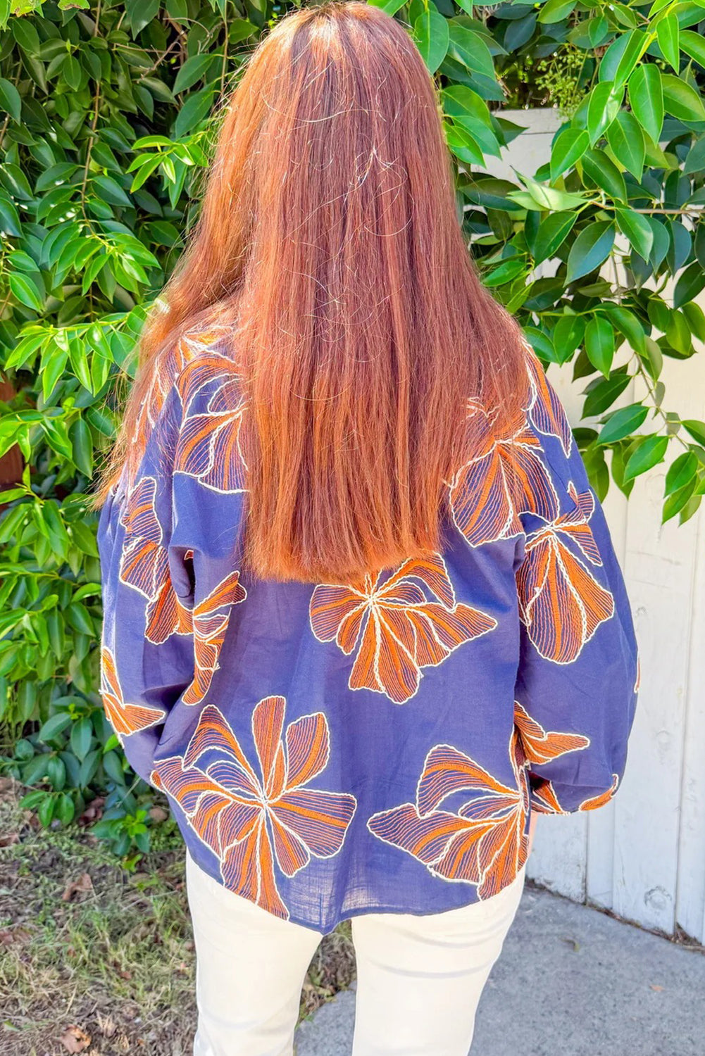 Bluing Big Flower Embroidered V Neck Puff Sleeve Blouse