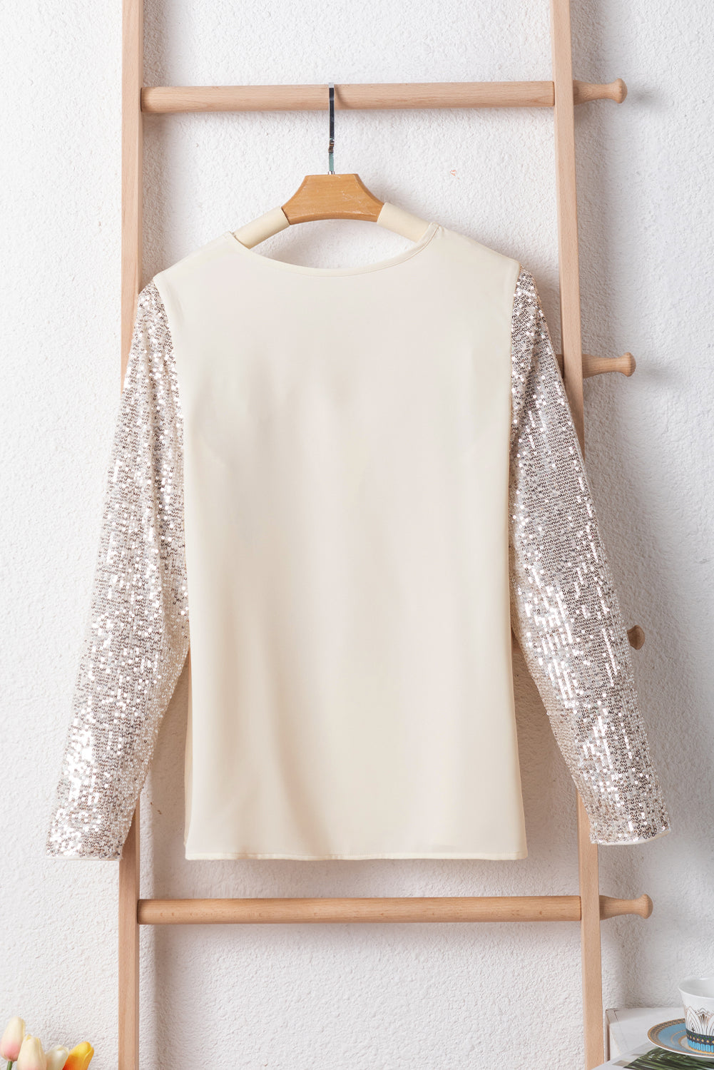 Elegant White Sequin Embellished V Neck Top