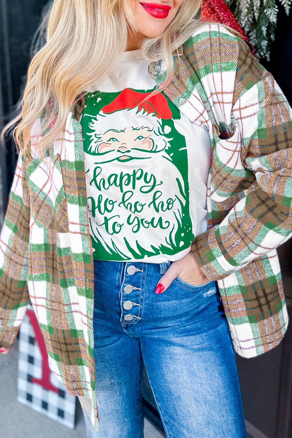 Khaki Christmas Plaid Casual Flannel Shacket