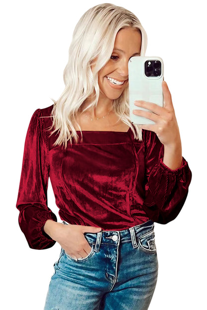 Burgundy Velvet Ribbed Texture Square Neck Slim Puff Sleeve Top