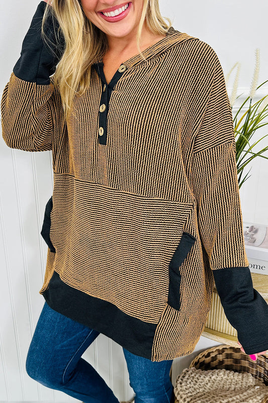 Brown Twisted Ribbed Color Block Patchwork Hooded Oversize Long Sleeve Top