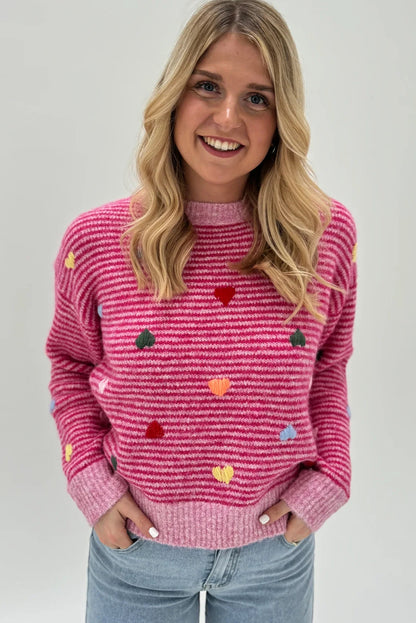 Rose Stripe Colorful Heart Detail Casual Sweater