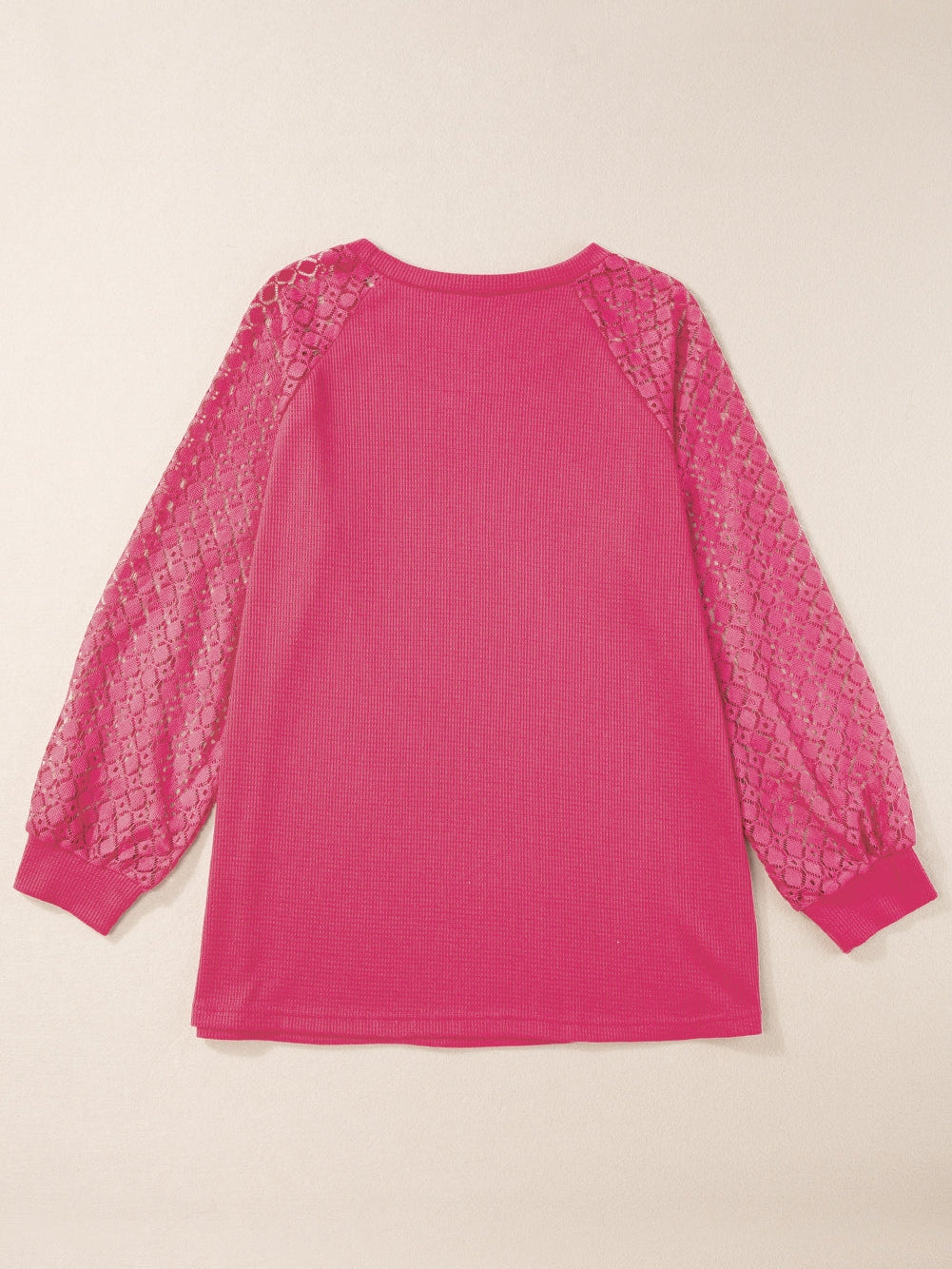 Strawberry Pink Plus Size Contrast Lace Sleeve Waffle Knit Top