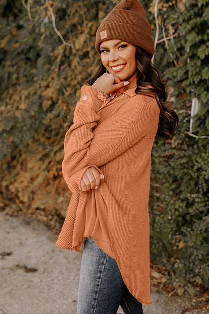 Golden Blaze Waffle Knit Shacket with Button Flap Pockets