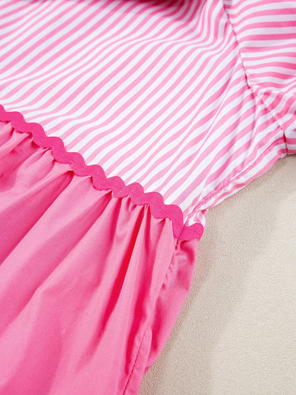 Pink Ricrac Stripe Block Puff Sleeve A-Line Shift Dress