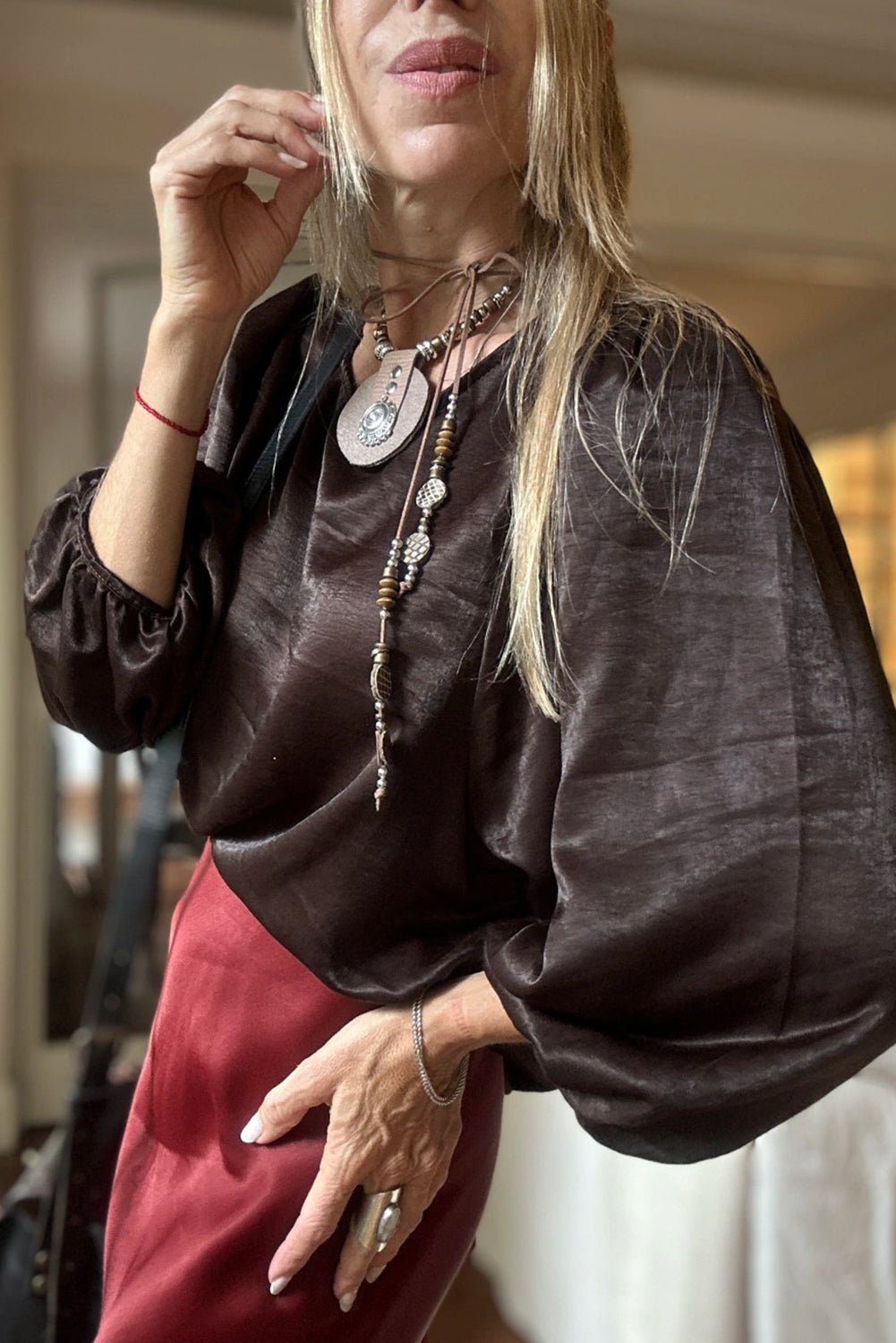 Chicory Coffee Satin Puff Sleeve Elegant Top