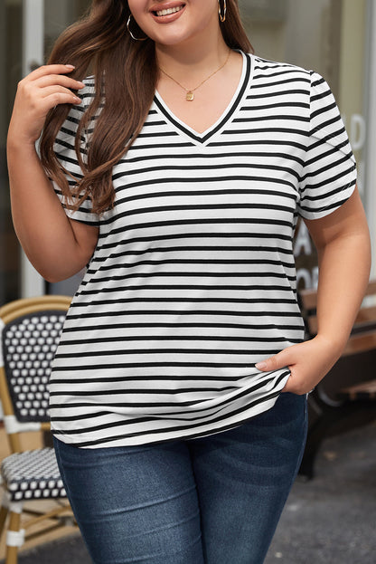 Elegant White Striped V Neck Petal Sleeve Plus Size Tee