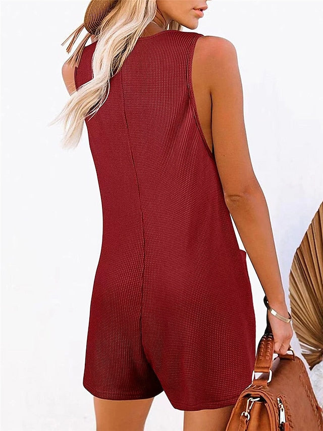 Jumpsuits for Women Summer Overall Button Pocket Solid Color U Neck Basic Daily Vacation Regular Fit Sleeveless Black Pink Wine S M L Spring - LuckyFash™