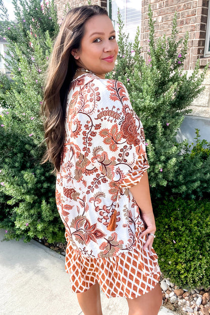 Brown Plus Floral Mixed Print Patchwork Tie Split Neck Half Sleeve Loose Mini Dress