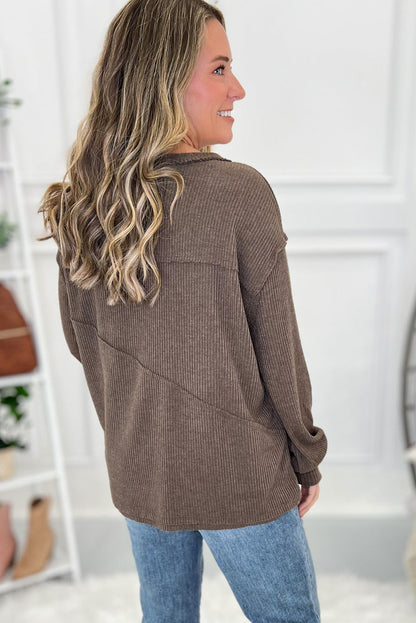 Dark Brown Exposed Seam Detail Ribbed Long Sleeve Top