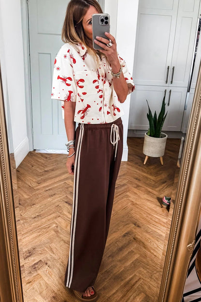 Cinnamon Varsity Striped Side Detail Drawstring Elastic Waist Wide Leg Pants