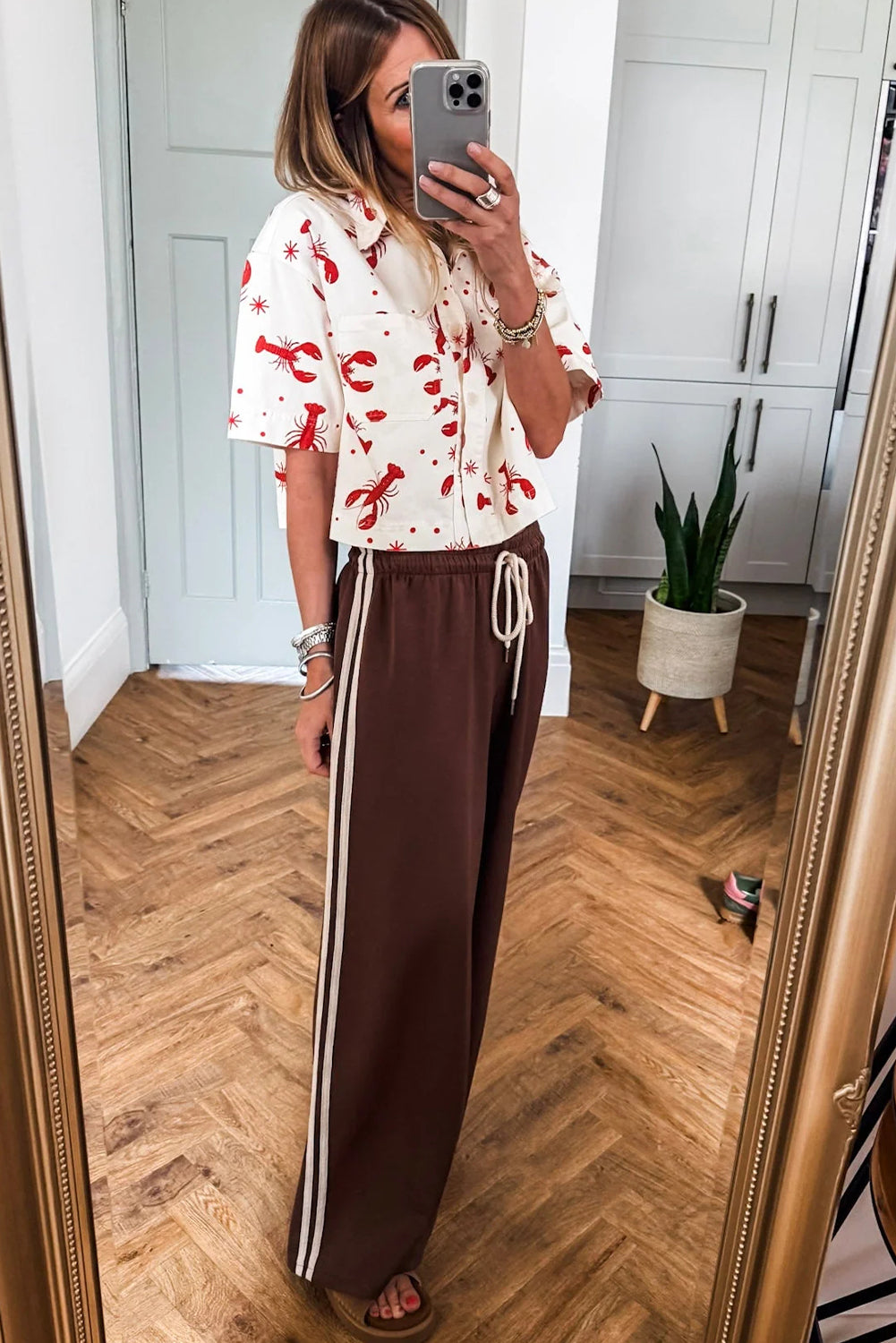 Cinnamon Varsity Striped Side Detail Drawstring Elastic Waist Wide Leg Pants