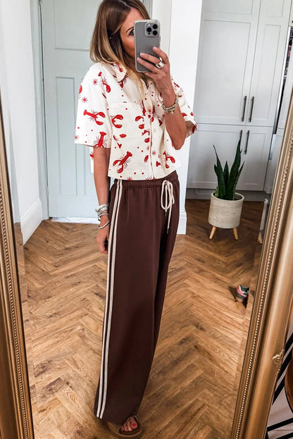 Cinnamon Varsity Striped Side Detail Drawstring Elastic Waist Wide Leg Pants