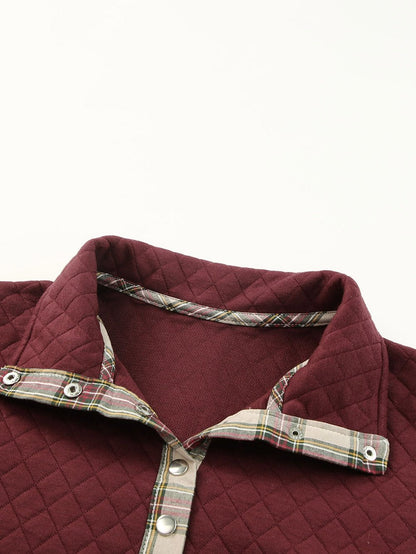 Fiery Red Plaid Trim Sweatshirt with Geometric Detail