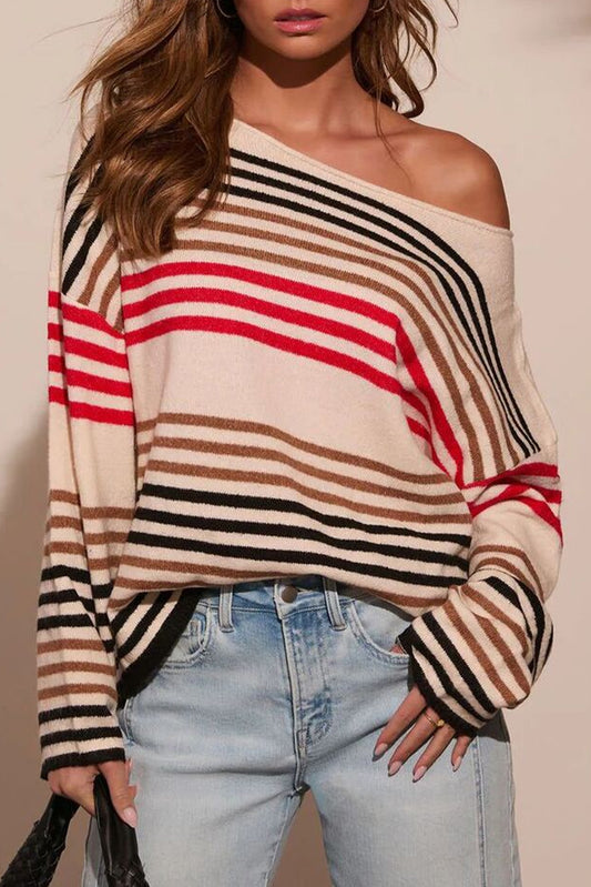 Red Stripe Raw Seam Round Neck Drop Shoulder Sweater