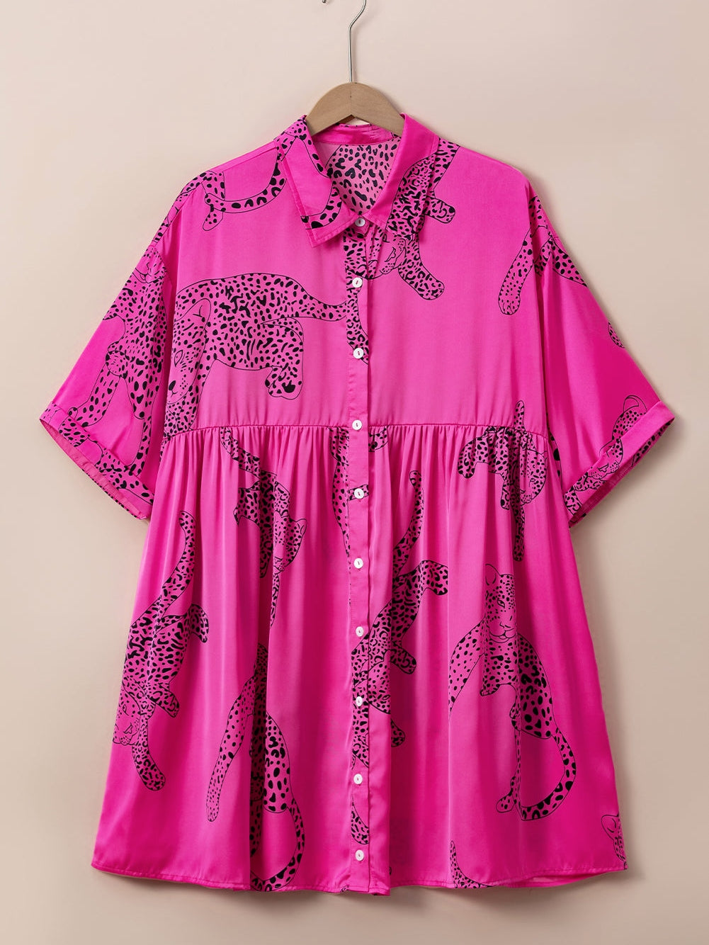 Rose Cheetah Print Half Sleeve Buttoned Plus Size Mini Dress