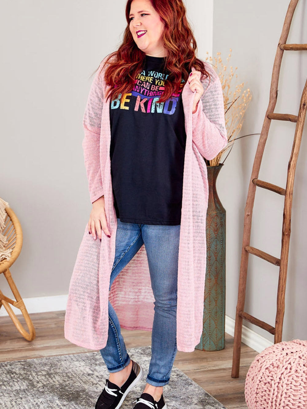 Pink Sheer Knit Long Side Slit Plus Size Cardigan with Southern Belle Style