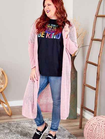 Pink Sheer Knit Long Side Slit Plus Size Cardigan with Southern Belle Style