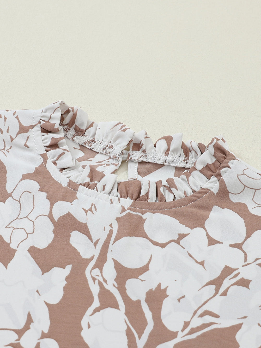 French Beige Floral Print Ruffle Neckline Flounce Sleeve Top