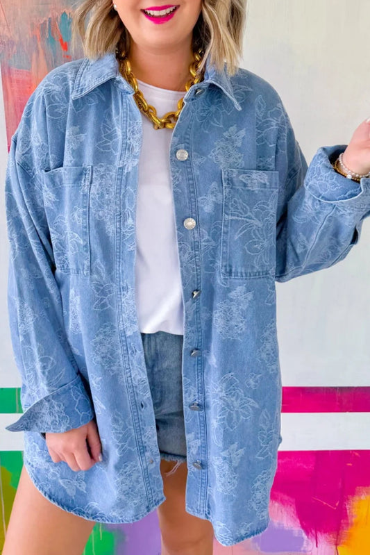 Myosotis Flower Butterfly Print Double Patch Pocket Button Down Denim Shacket