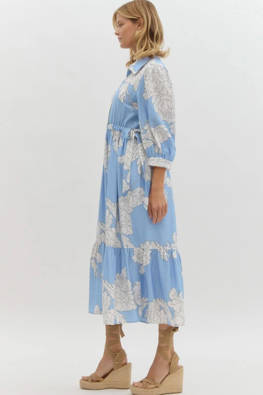 Sky Blue Floral Print Shirt Collar Button Down 3/4 Sleeve Ruffle Hem Long Dress