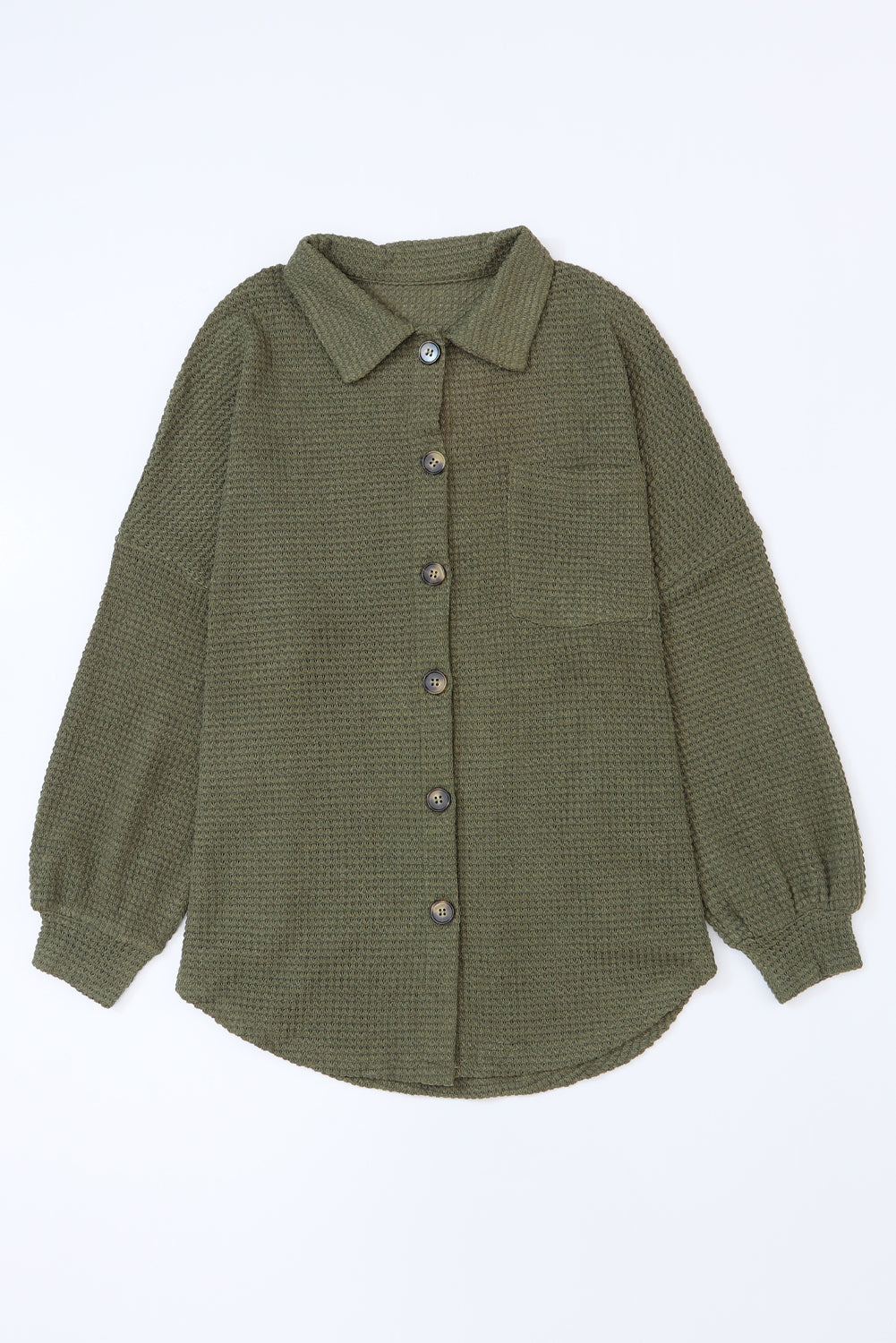 Green Textured Waffle Knit Button Down Blouse