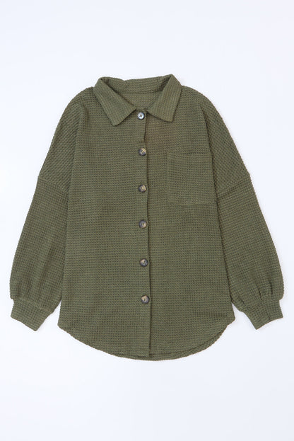 Green Textured Waffle Knit Button Down Blouse