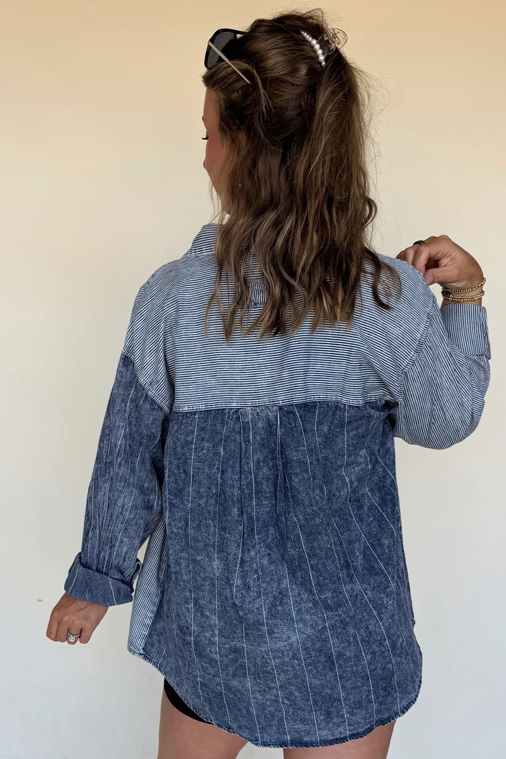 Myosotis Denim Mixed Stripe Patchwork Drop Shoulder Jacket