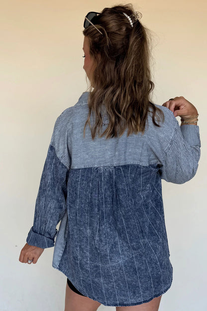 Myosotis Denim Mixed Stripe Patchwork Drop Shoulder Jacket