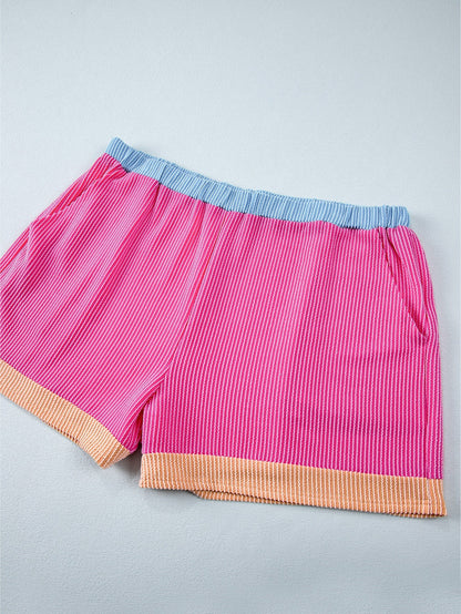 Vibrant Pink Patchwork Knit Lounge Set for Plus Size Women