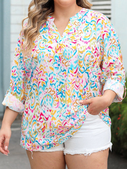 Geometric Print Plus Size V-Neck Blouse in Multicolor Shift Style