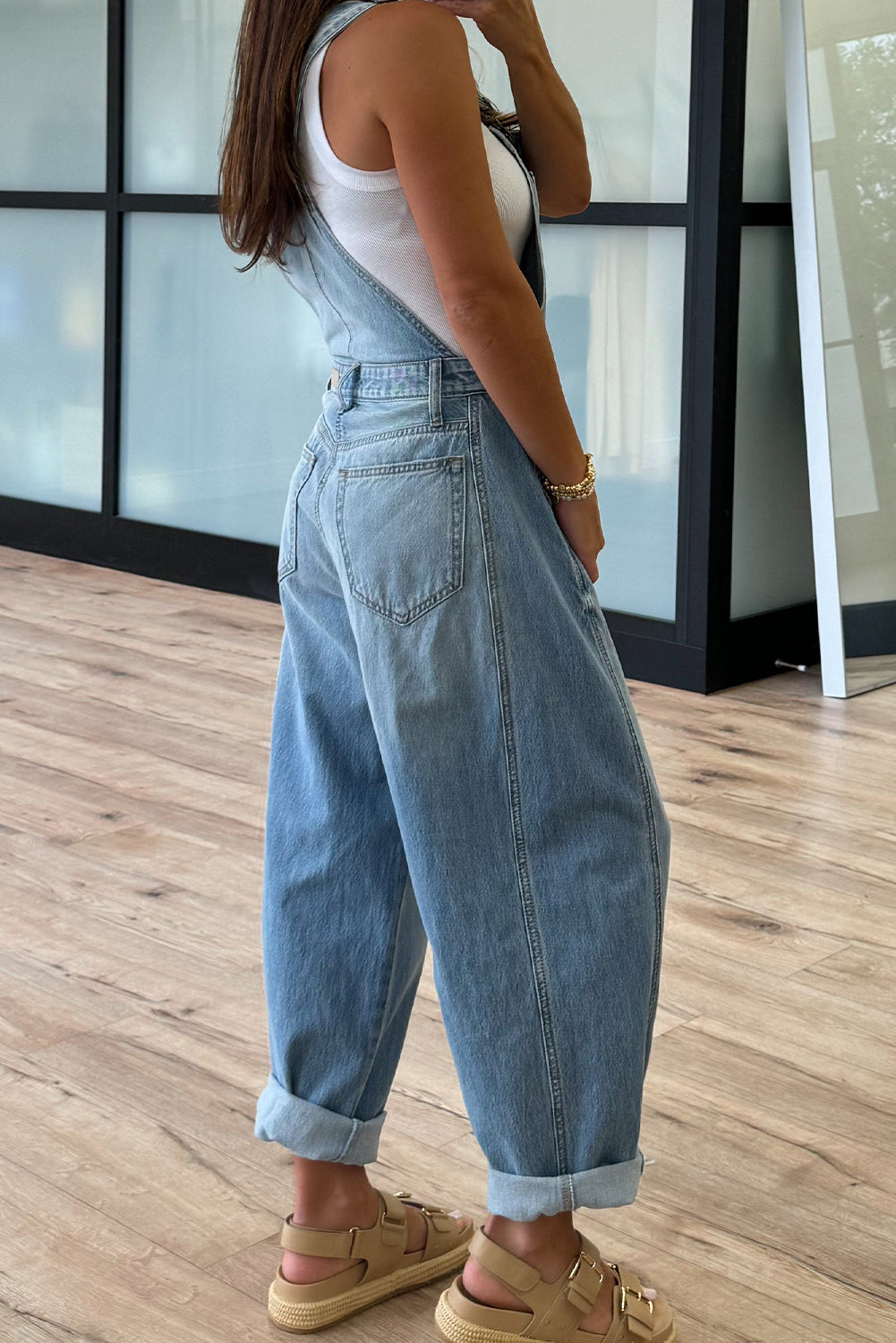 Dusk Blue Adjustable Buckle Barrel Denim Overalls