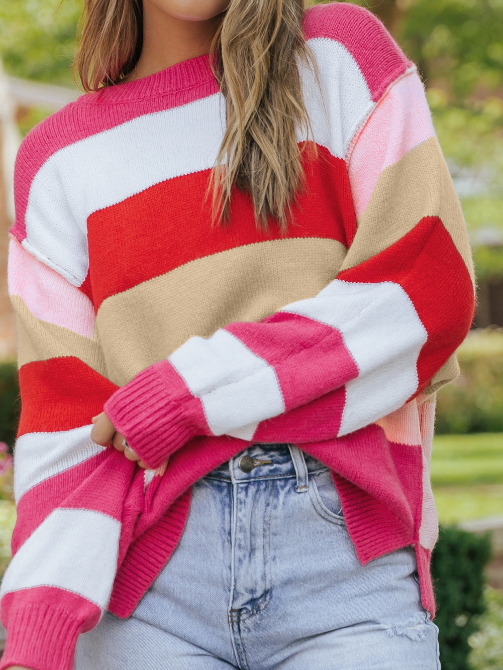Fiery Red Mix Horizon Stripes Dolman Sleeve Pullover Sweater