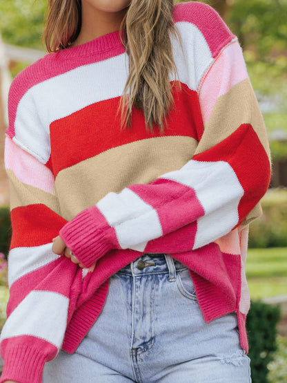 Fiery Red Mix Horizon Stripes Dolman Sleeve Pullover Sweater
