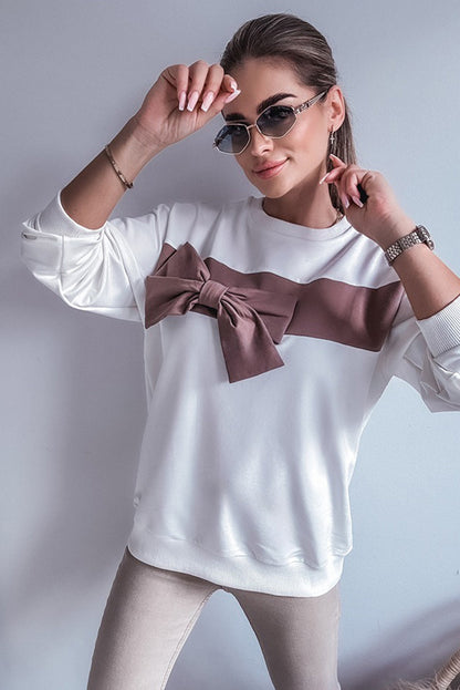 White Color Block Ribbon Bow Patchwork Crew Neck Sweatshirt
