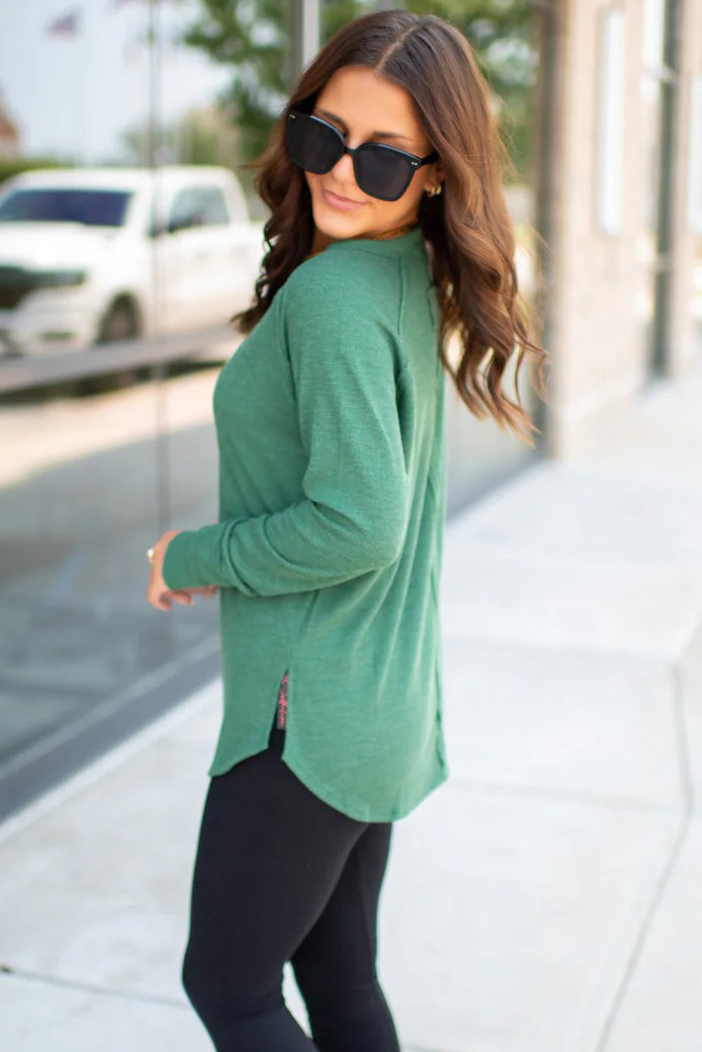Sea Green Solid Color Thermal Knit Exposed Seam Raglan Sleeve Top