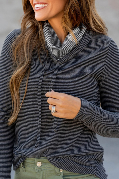 Dark Grey Horizontal Twist Ribbed Drawstring Cowl Neck Knit Top