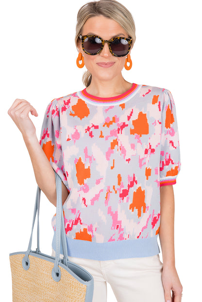 Light Blue Abstract Pattern Knit Contrast Striped Trim Short Sleeve Sweater